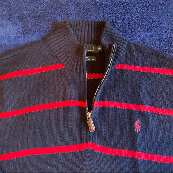 Polo Ralph Lauren Men’s Quarter Zip Sweater Navy Blue Red Striped Knit Pullover - Picture 5 of 5